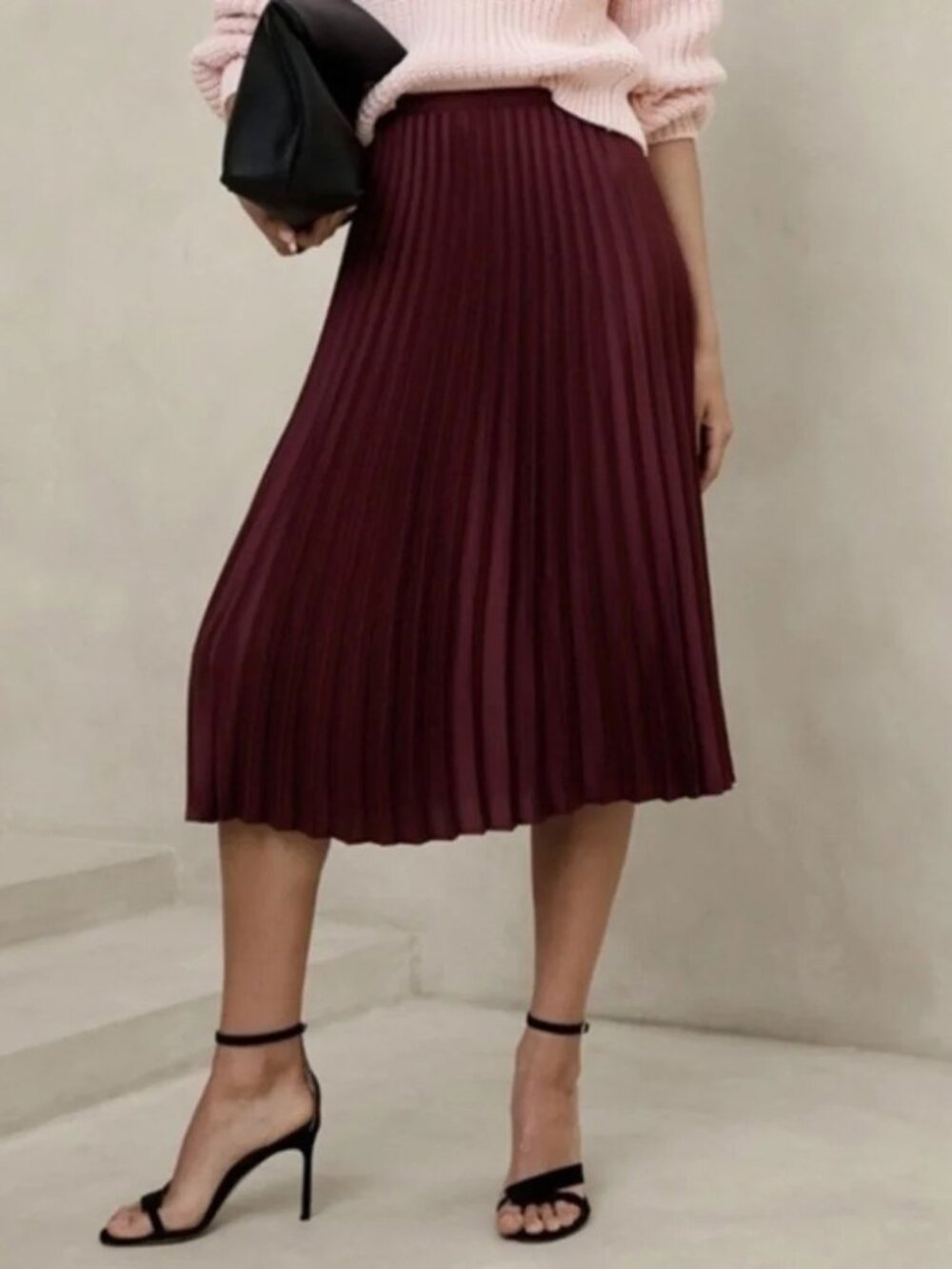 New Banana Republic Satin Pleated Midi Skirt Bright Wine Red 0